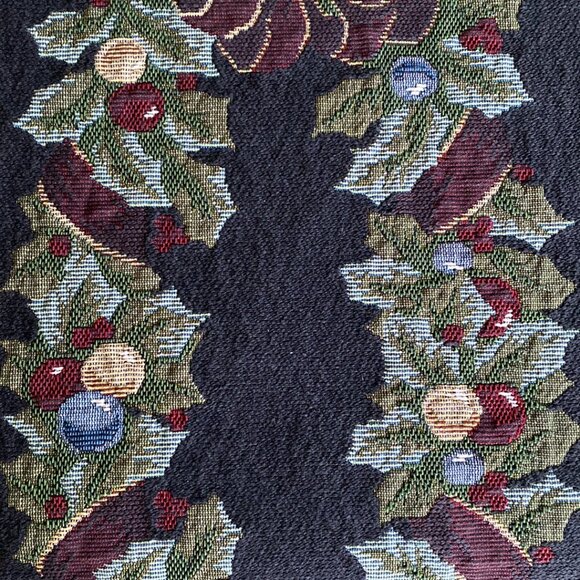 Vintage Tapestry Style Table Runner w/Burgundy Poinsettias & Holly Berri… - Picture 10 of 13